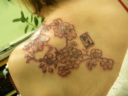 Cherry Blossom Flowers Tattoo On Back